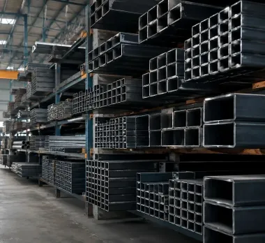 Pasillo de almacén industrial con tuberías de acero apiladas y luz natural brillante