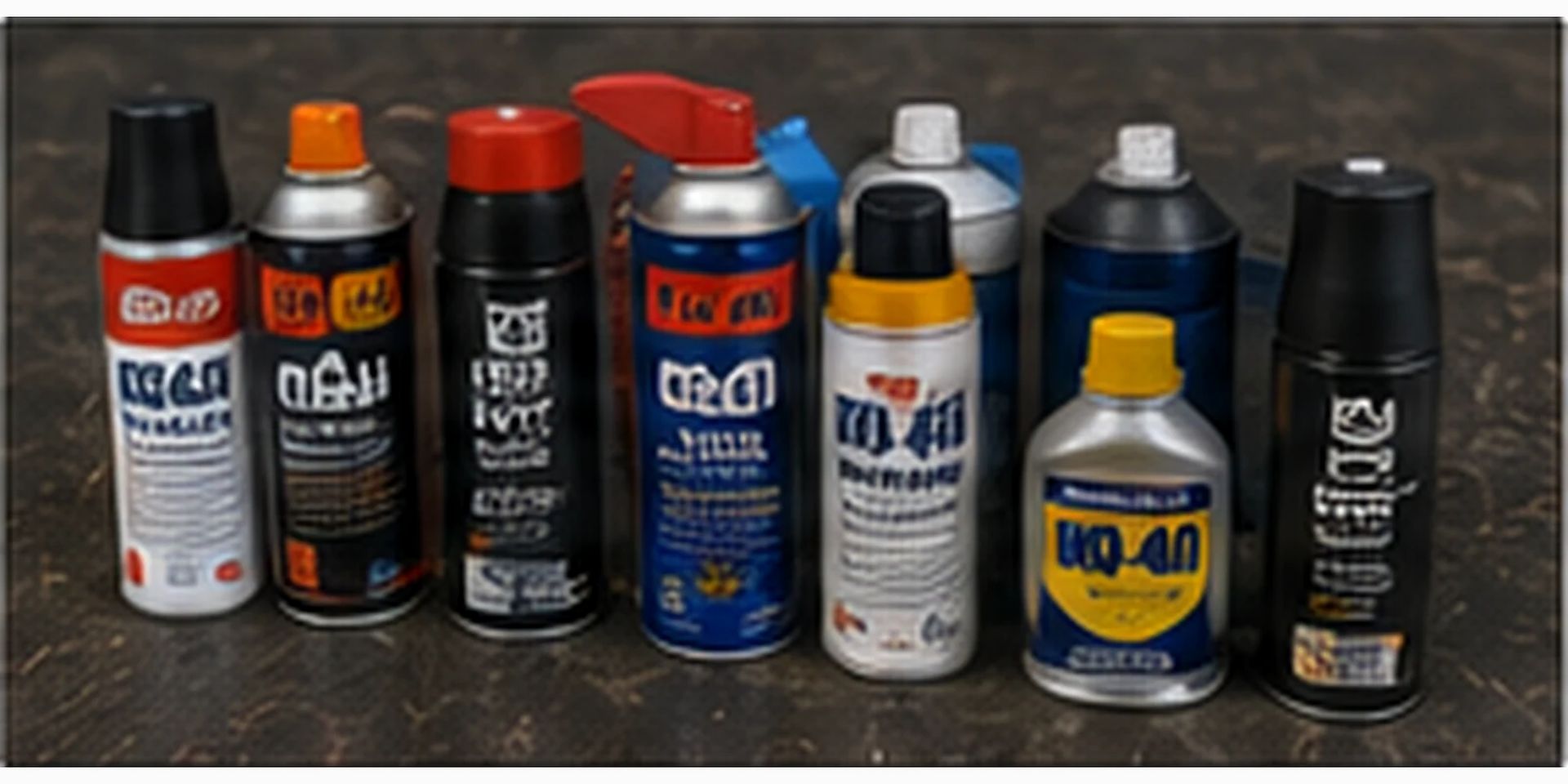 Siete latas de aerosol WD-40 surtidas y lubricantes en aerosol alineados sobre una superficie oscura.