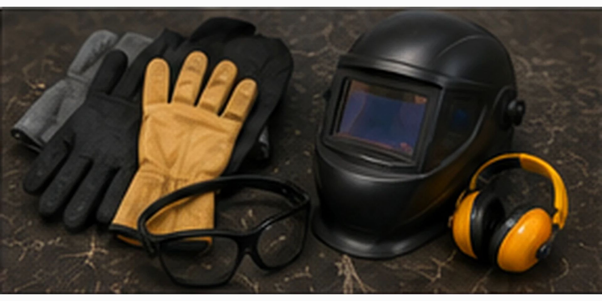 Equipo de protección dispuesto sobre una superficie oscura: guantes, casco de soldadura, gafas de seguridad y orejeras.