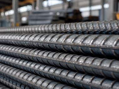 Primer plano de barras de acero corrugado apiladas en un entorno industrial.