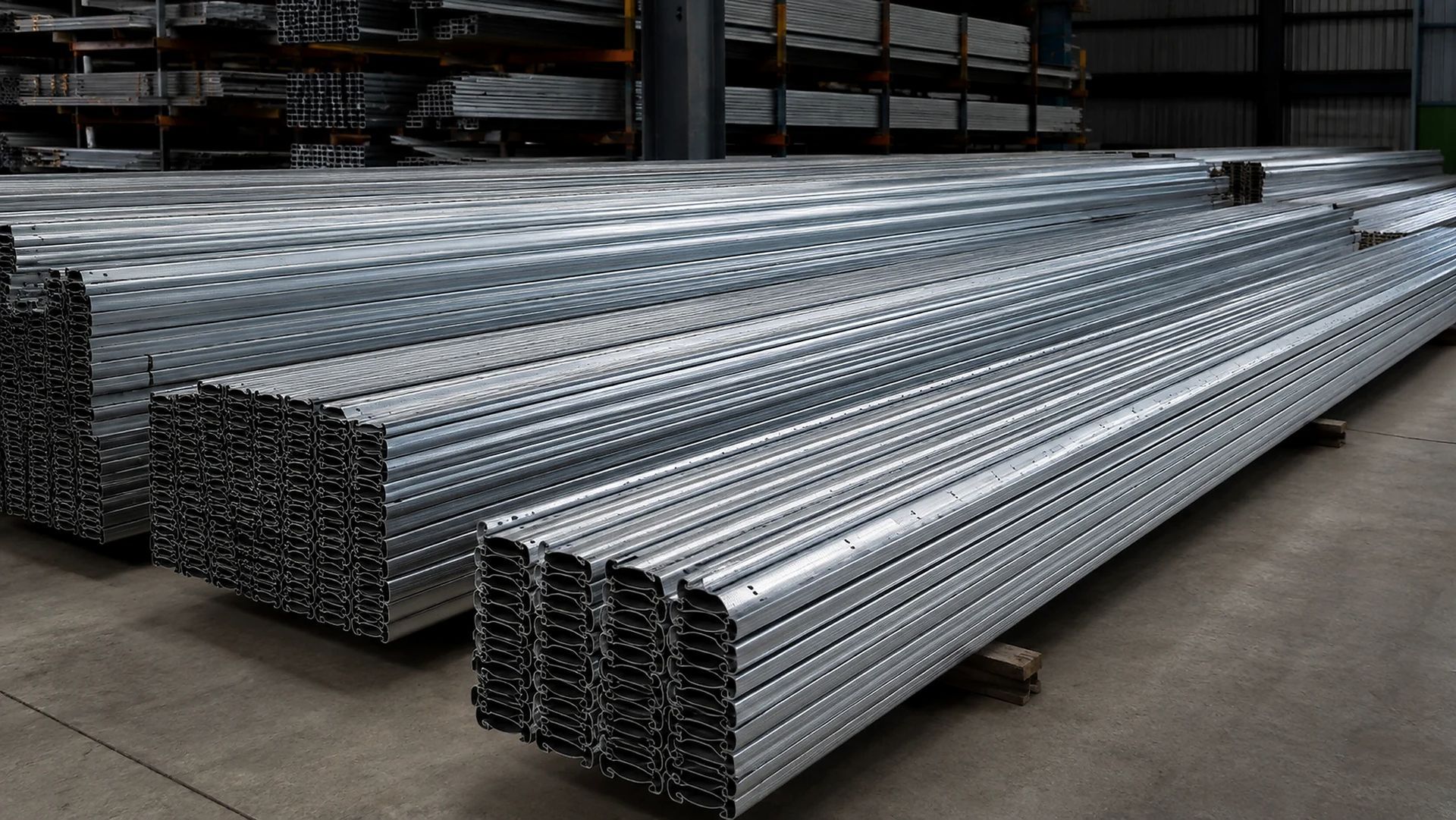 Pilas de tubos o vigas de metal brillante dispuestas en un almacén.