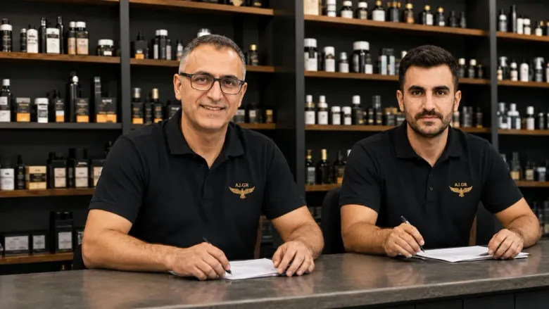 Dos hombres con polos negros están sentados detrás del mostrador de una tienda con estantes llenos de botellas.