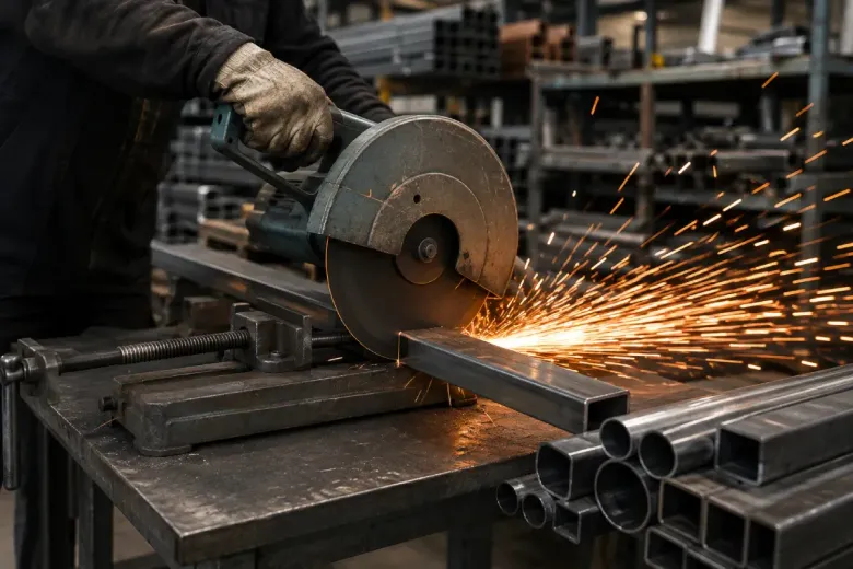 Un trabajador corta metal con una sierra circular, generando chispas en un taller de fabricación de acero.