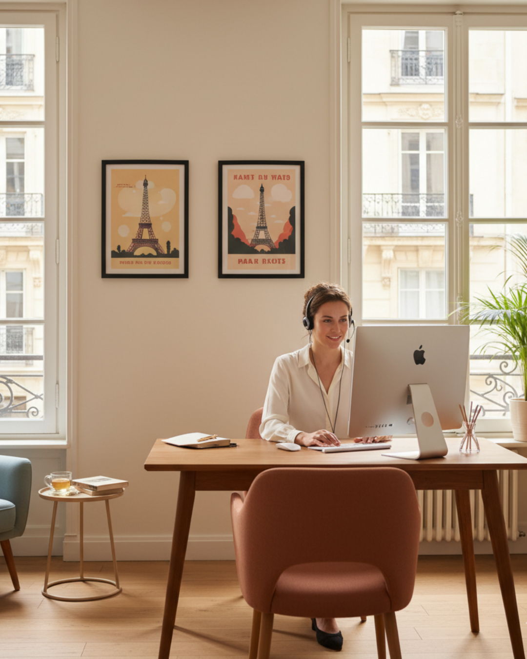 Woman wearing headset at desk with computer, Eiffel Tower art in background.