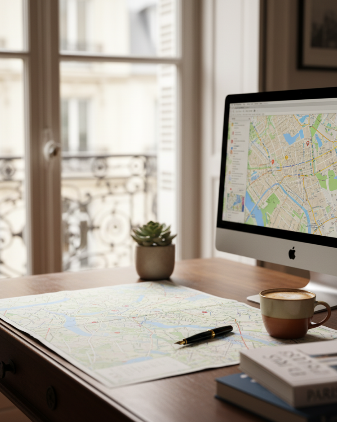 Desk with map, computer screen displaying map, coffee mug, succulent, and window view.