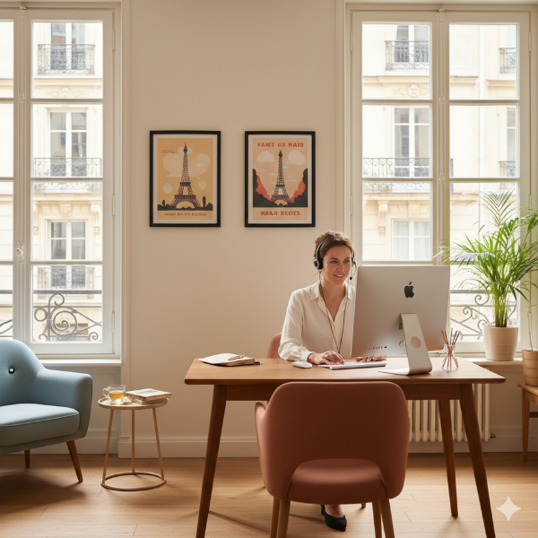 Woman at a desk with headset, working on a computer in a bright room with Eiffel Tower posters and a blue armchair.