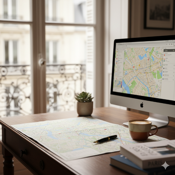 Desk with map, computer showing map, coffee cup, pen, small plant, and window with balcony.
