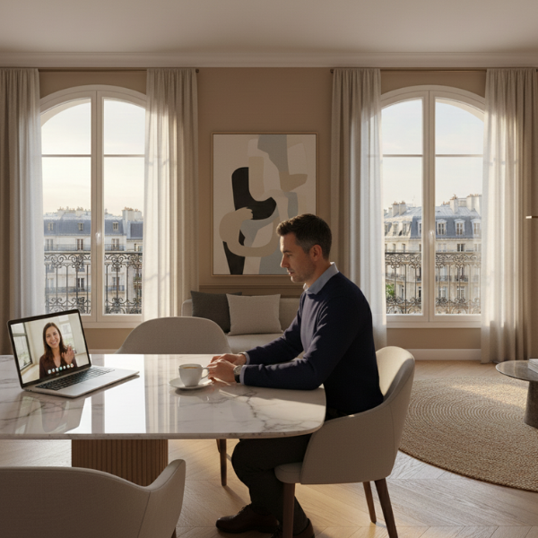Narrow Parisian street lined with tall, cream-colored buildings. Street slopes downward; pedestrians and shops visible. 
