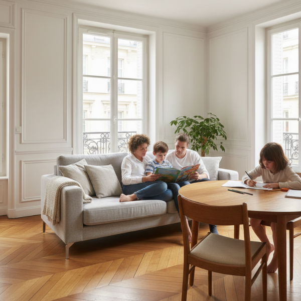 Dining room with white table, chairs, chandelier, and open balcony doors overlooking a Parisian street.