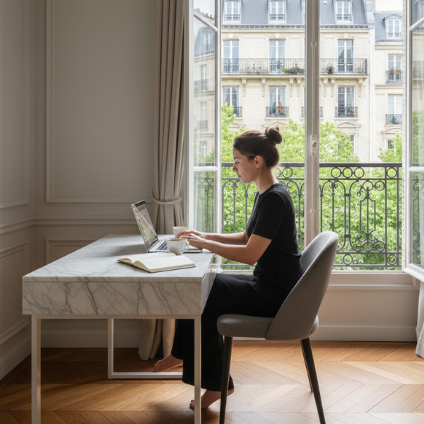Narrow Parisian street lined with tall, cream-colored buildings. Street slopes downward; pedestrians and shops visible. 