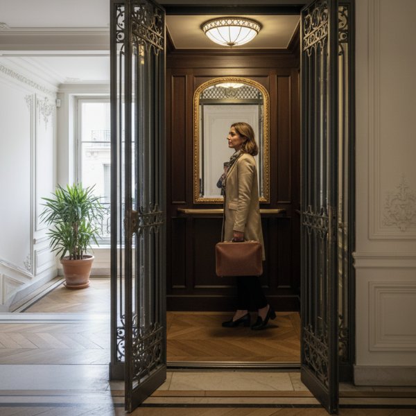 Dining room with white table, chairs, chandelier, and open balcony doors overlooking a Parisian street.
