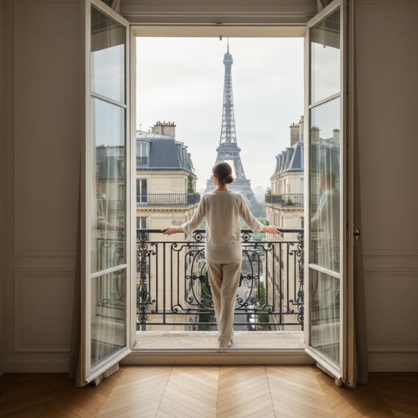 Woman wearing headset at desk with computer, Eiffel Tower art in background.