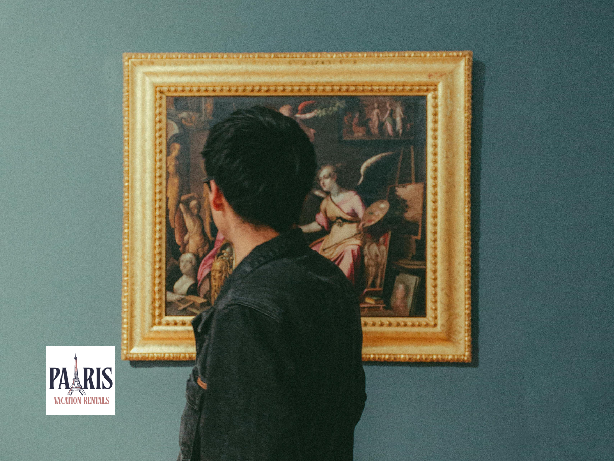 Man Observing a Classic Painting in Gallery