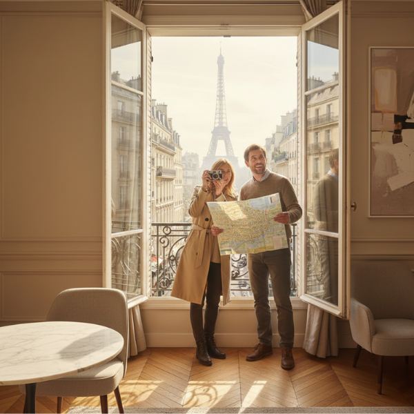 Dining room with white table, chairs, chandelier, and open balcony doors overlooking a Parisian street.