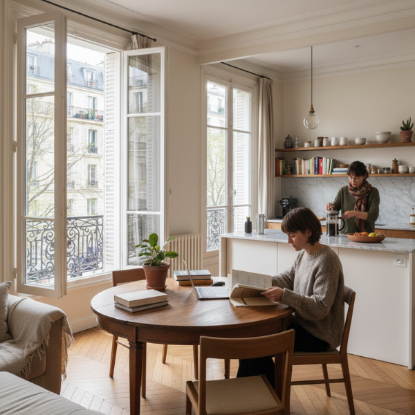 Woman wearing headset at desk with computer, Eiffel Tower art in background.