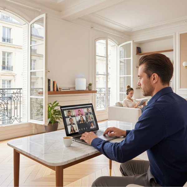 Narrow Parisian street lined with tall, cream-colored buildings. Street slopes downward; pedestrians and shops visible. 