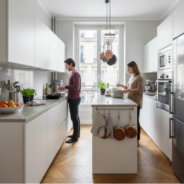 Dining room with white table, chairs, chandelier, and open balcony doors overlooking a Parisian street.