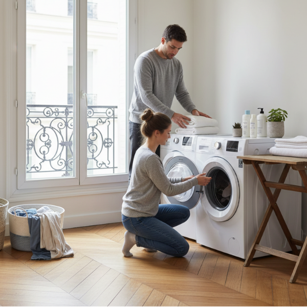 Woman wearing headset at desk with computer, Eiffel Tower art in background.