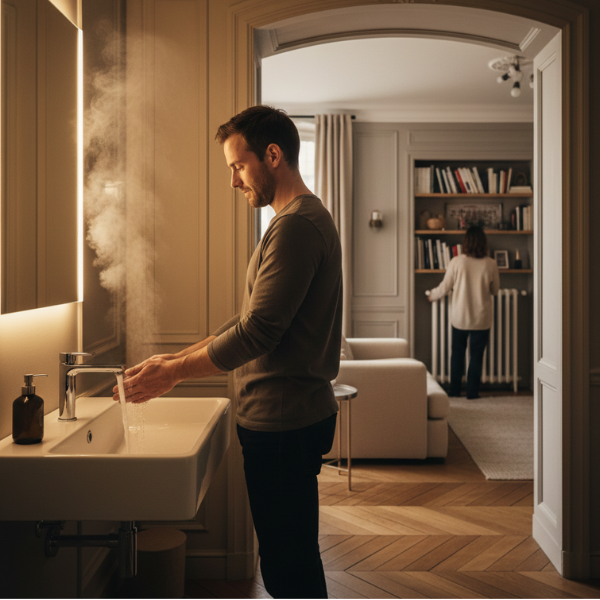 Desk with map, computer screen displaying map, coffee mug, succulent, and window view.