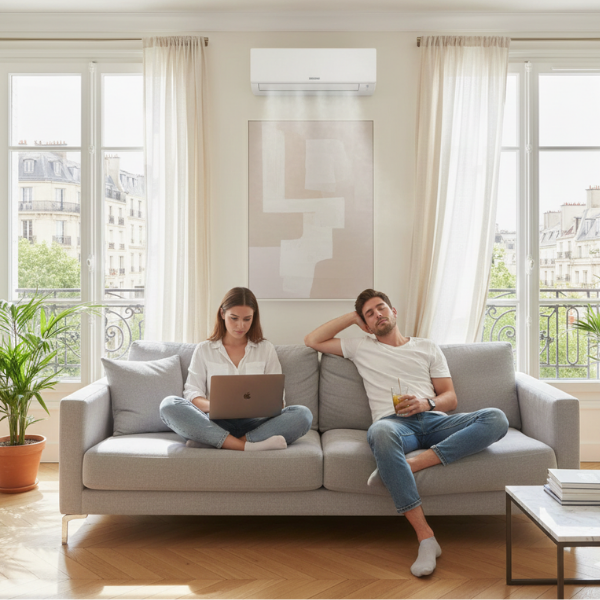 Narrow Parisian street lined with tall, cream-colored buildings. Street slopes downward; pedestrians and shops visible. 