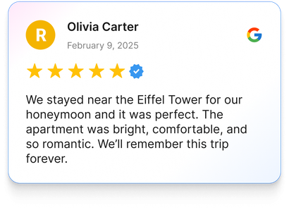 Review by Olivia Carter: Five stars, honeymoon near Eiffel Tower, perfect apartment.
