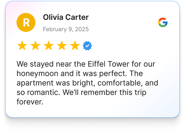 Review by Olivia Carter: Five stars, honeymoon near Eiffel Tower, perfect apartment.