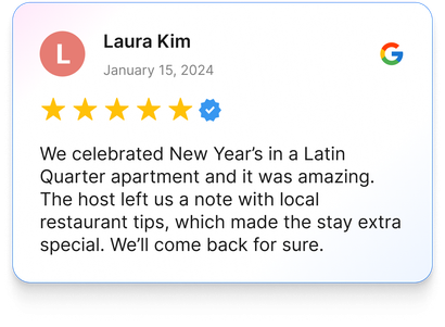 Review of a Latin Quarter apartment by Laura Kim. Five stars, text about a great stay and restaurant tips.