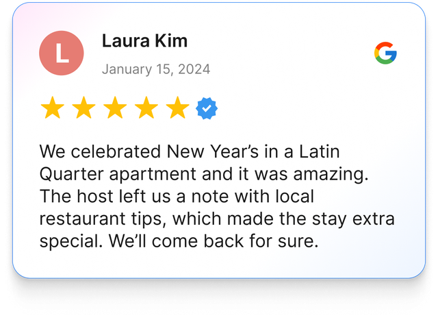 Review of a Latin Quarter apartment by Laura Kim. Five stars, text about a great stay and restaurant tips.