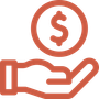 Hand holding a coin with a dollar sign; orange outline.