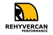 Logotipo de Rehyvercan Performance con emblema estilizado en negro y amarillo y texto en negrita.