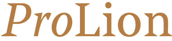 ProLion-logo ruskealla serif-tekstill&auml; valkoisella taustalla