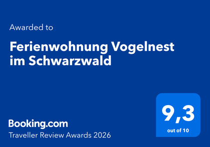 Booking.com Traveller Review Award 2026 für die Ferienwohnung Vogelnest in Baiersbronn‑Obertal – Bewertung 9,3 von 10