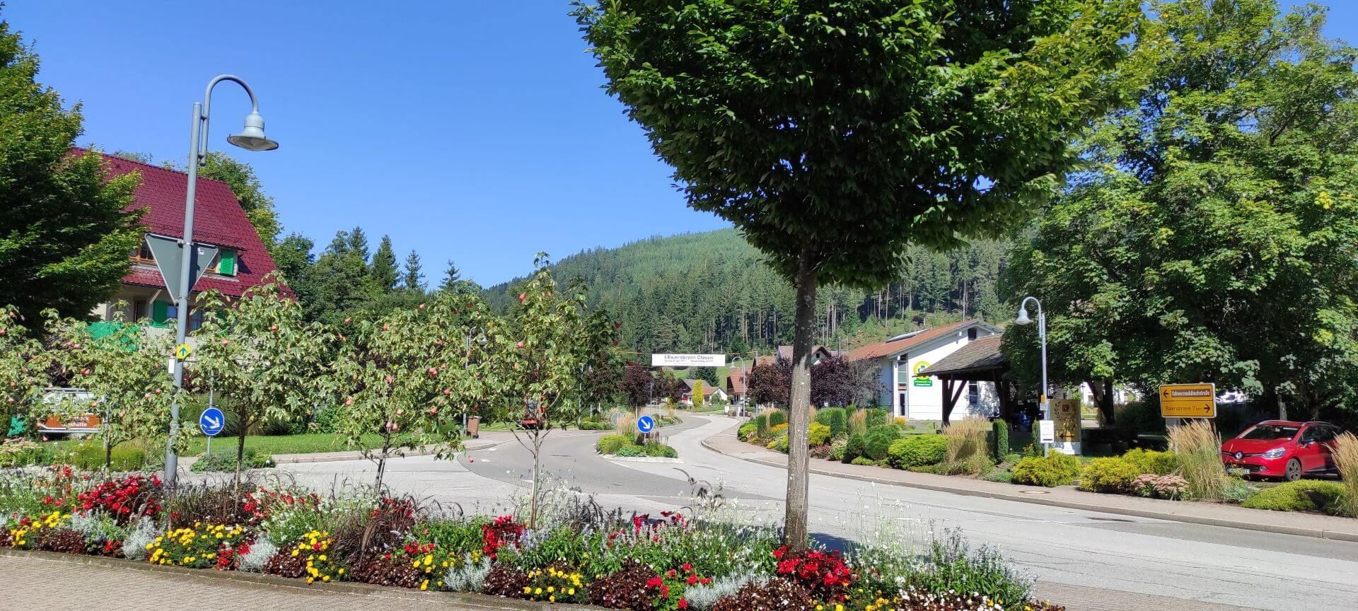 Blühende Beete in Baiersbronn Obertal und Wegweiser zur Schwarzwaldhochstraße