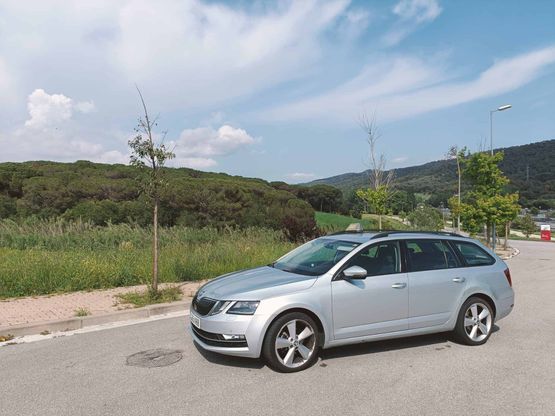 Un coche plateado está aparcado al costado de la carretera.