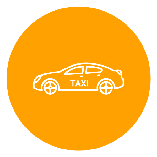 Un dibujo de línea blanca de un taxi en un círculo naranja.