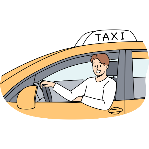 Un hombre está sentado en el asiento del conductor de un taxi.