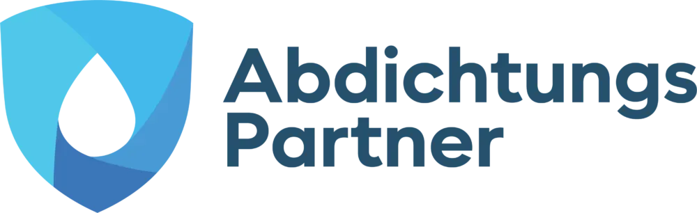 Logo von AbdichtungsPartner, ein blaues Schild mit einem Wassertropfen darin, Text in Dunkelblau.