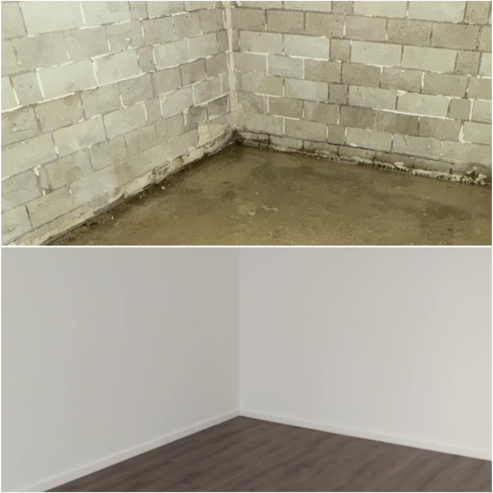Oben: Kellerwandecke aus Betonblöcken mit Wasserschaden. Unten: renovierte Ecke mit weißen Wänden, Holzboden.