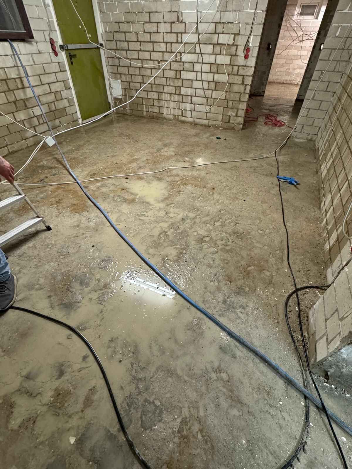 Überfluteter Keller mit Wasser auf dem Boden. Sichtbare Ziegelwände, grüne Tür, Stromkabel und eine Leiter sind vorhanden.