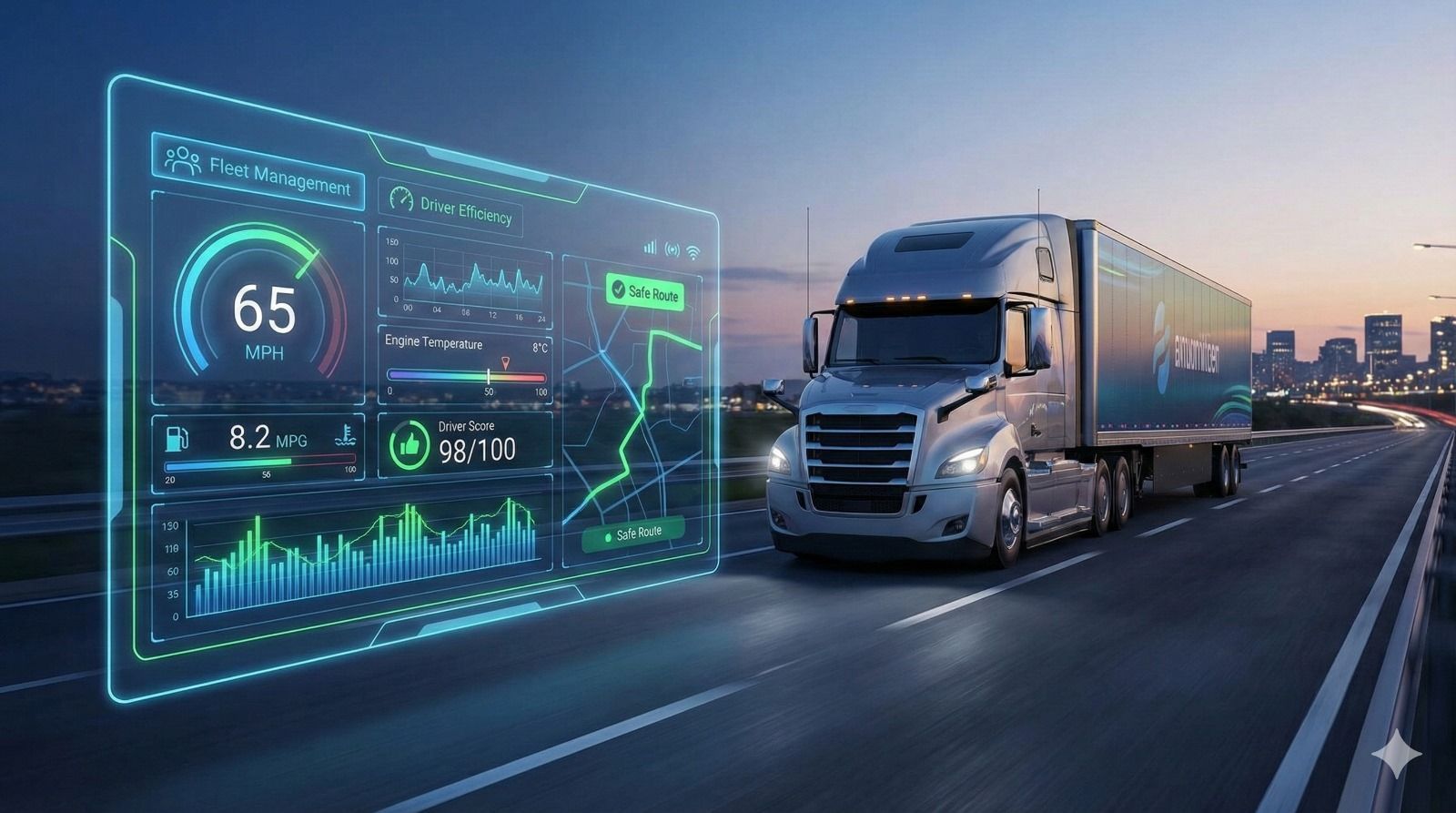 Camión semirremolque circulando por una carretera al anochecer con pantalla de datos que muestra
