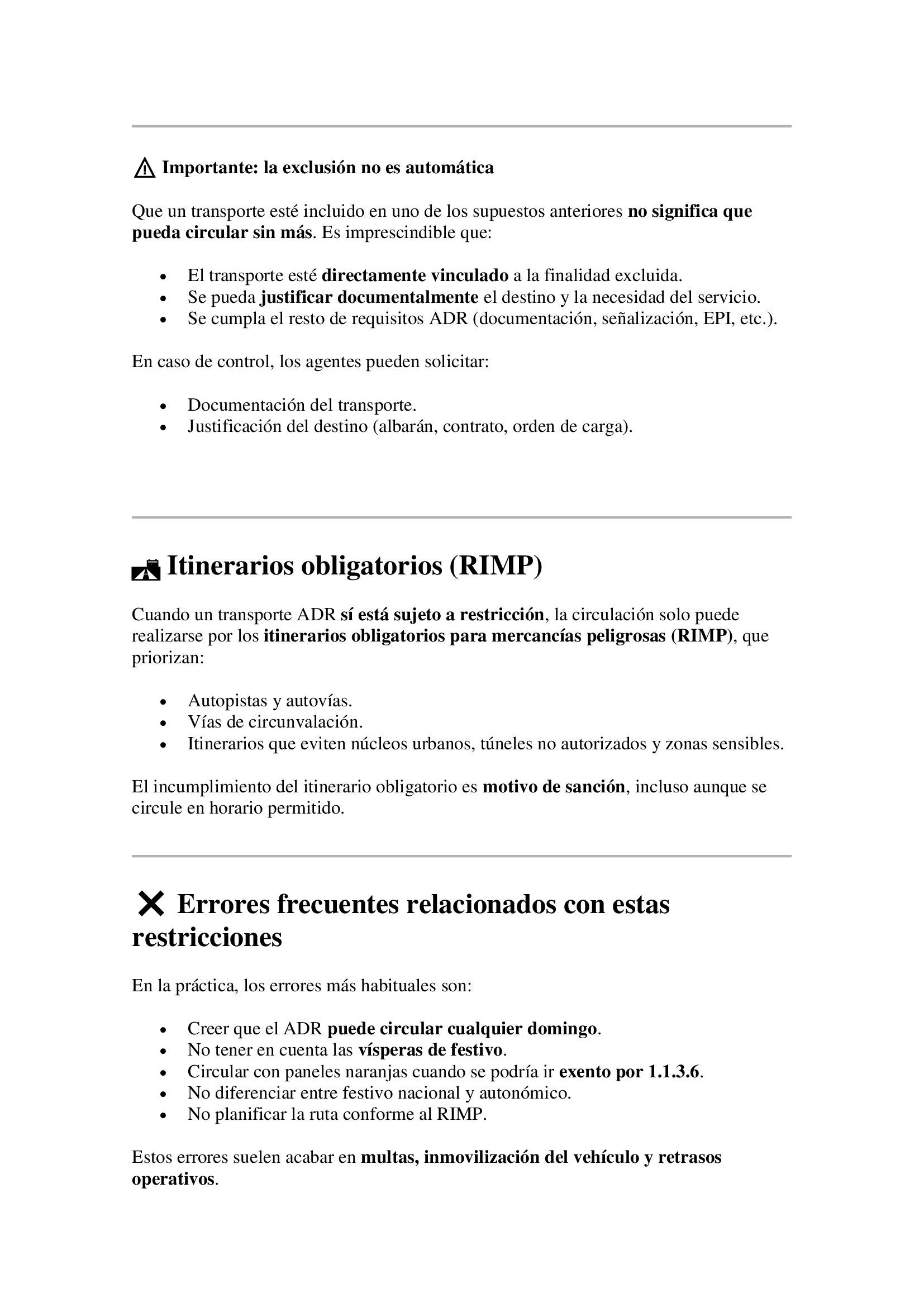 Documento de texto con tres secciones, tituladas y con viñetas.