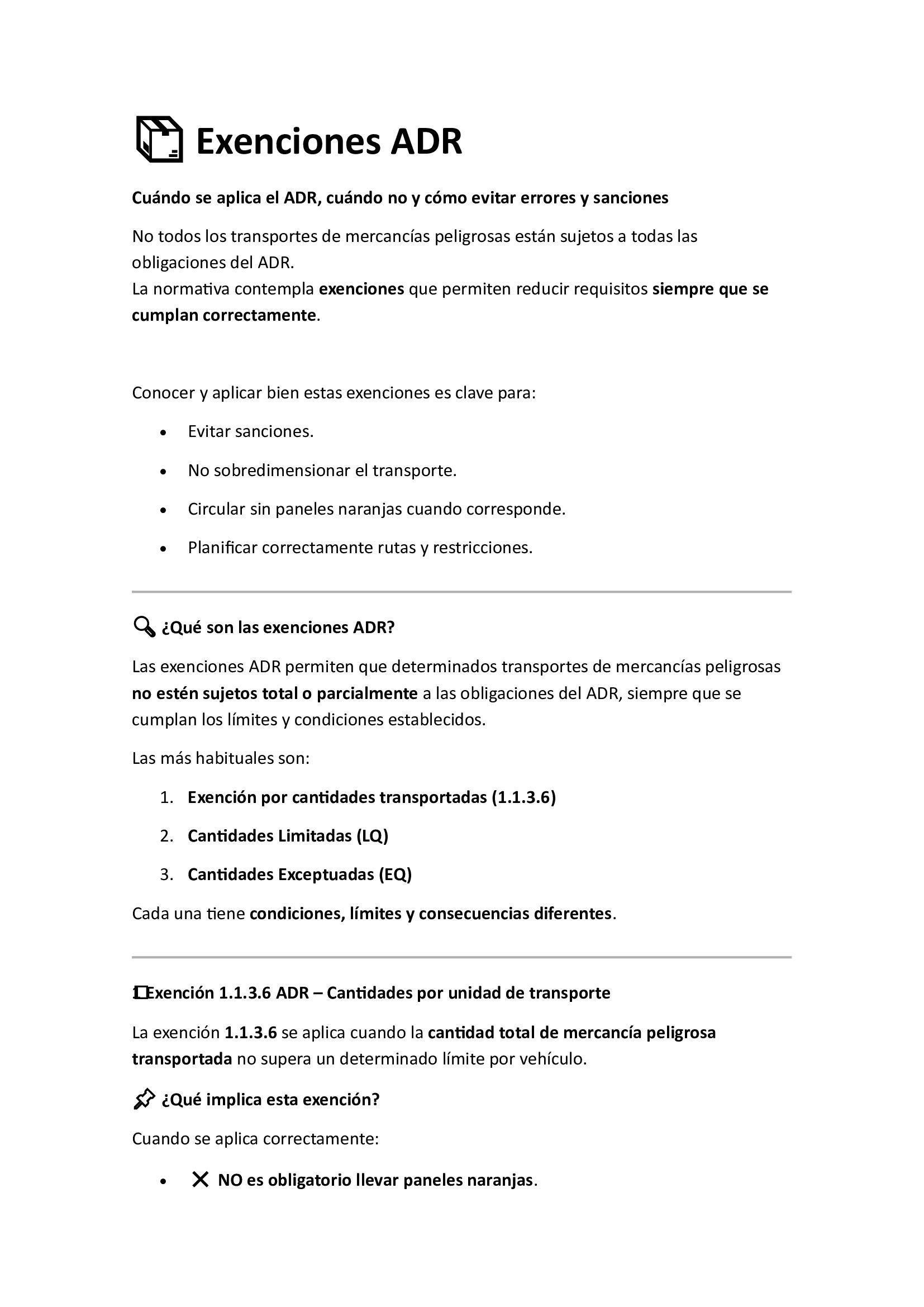 Documento con texto: Exenciones del ADR en español, listas y viñetas.