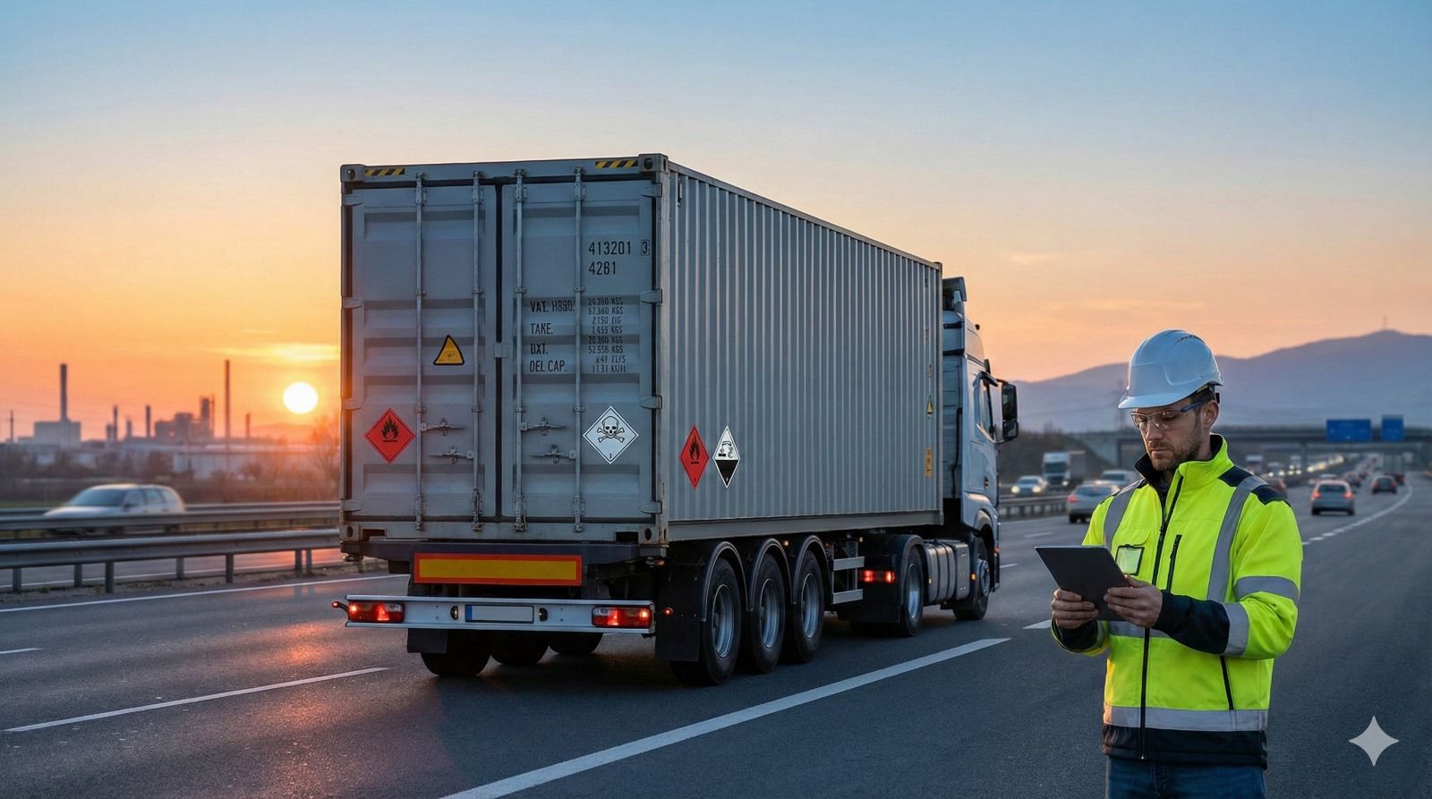 Camión semirremolque con contenedor de carga en la carretera al atardecer; trabajador con chaleco de seguridad usando tableta