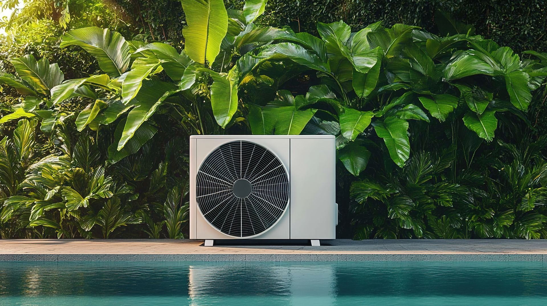 Pompe à chaleur près d'une piscine, entourée d'une végétation luxuriante.