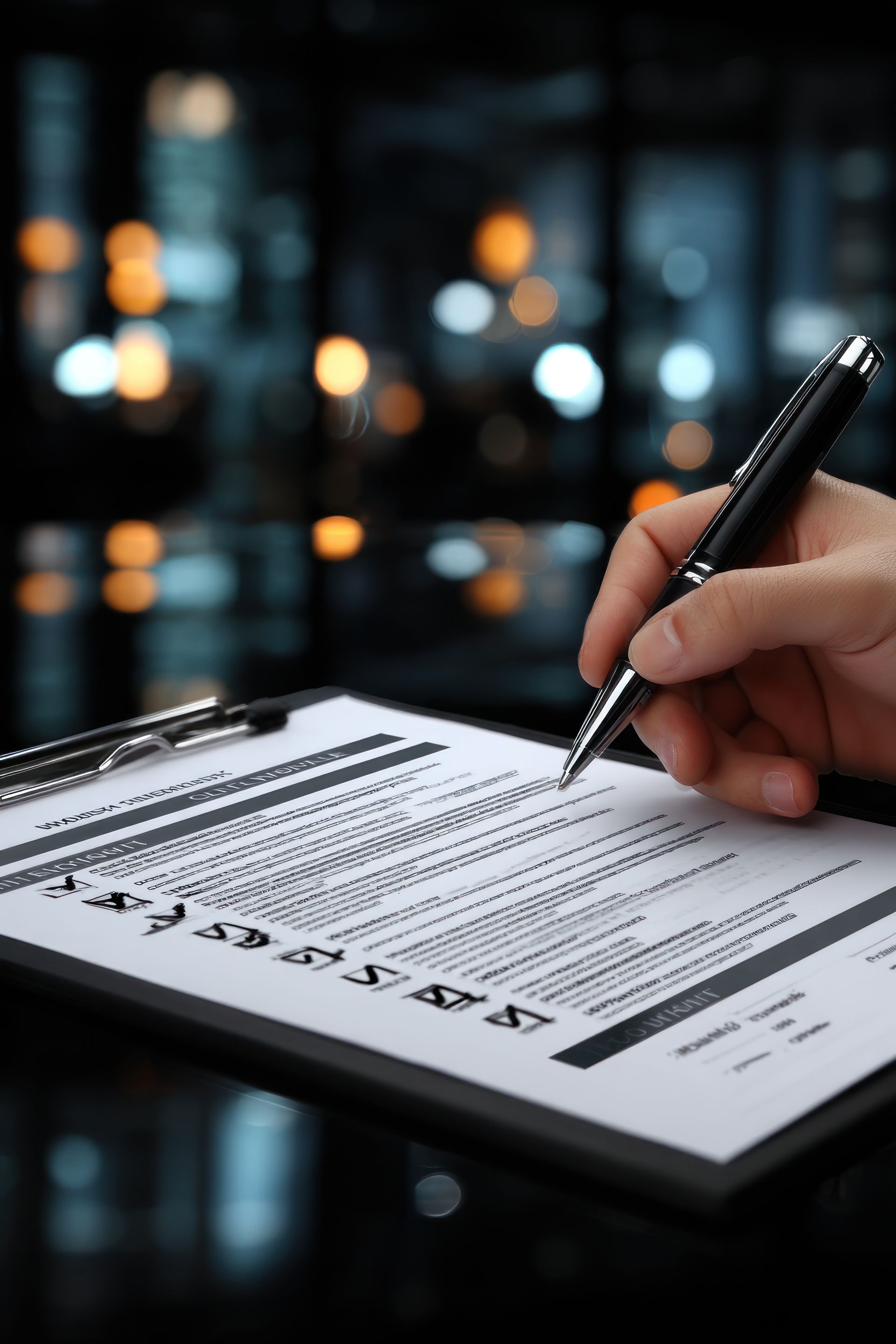 Écriture manuscrite sur une liste à cocher collée sur un bloc-notes. Lumières de la ville floues en arrière-plan.