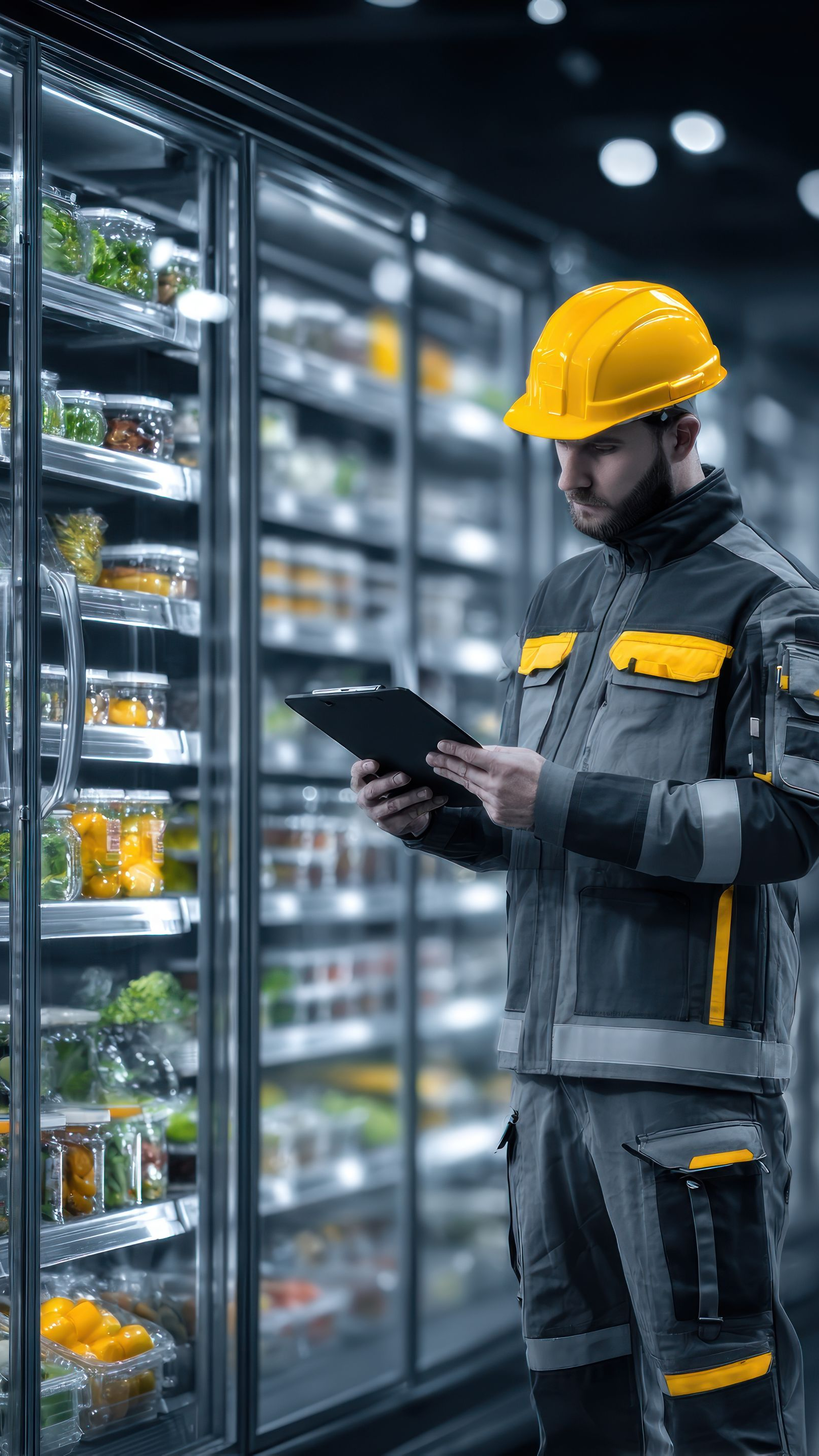 Un homme portant un casque de chantier jaune et un uniforme de travail inspecte un présentoir de produits réfrigérés, une tablette à la main.