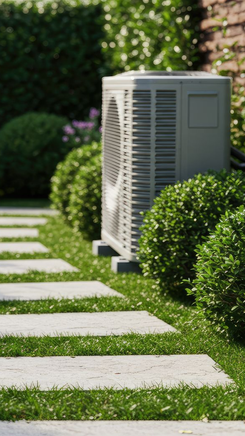 Unité de climatisation à côté d'une allée avec des marches carrées en pierre et des arbustes taillés.
