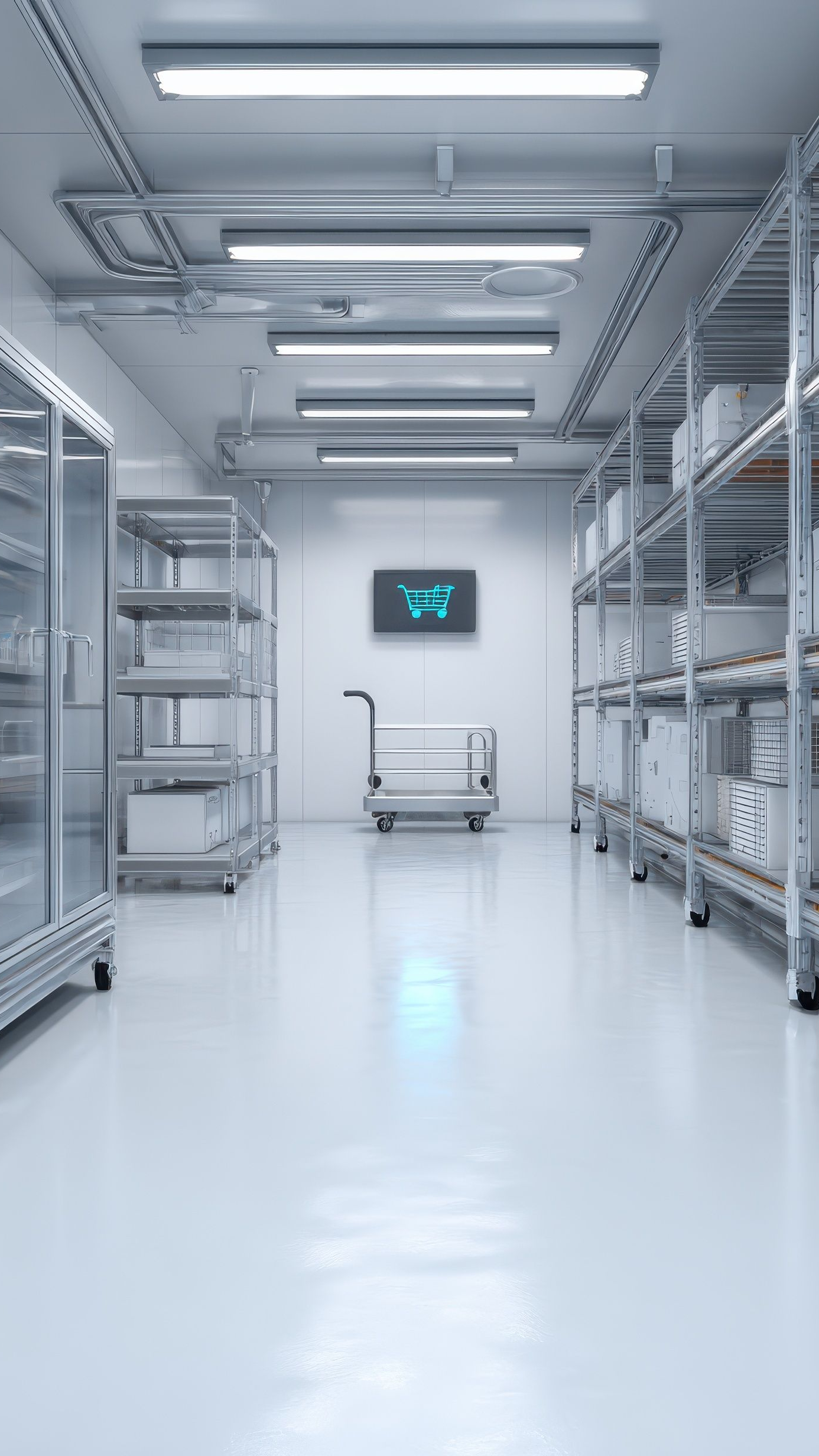 Intérieur d'entrepôt avec des étagères de cartons, un chariot et un écran d'affichage, le tout dans des tons froids.