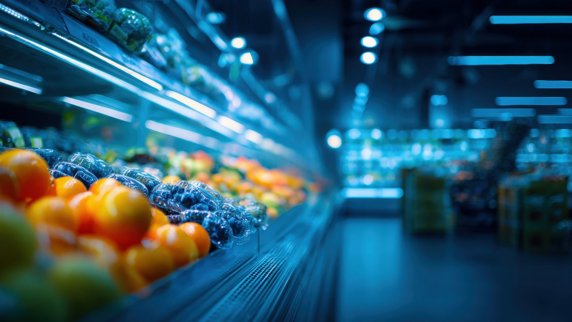 Rayon fruits et légumes d'un supermarché, avec des oranges et des myrtilles sous un éclairage froid.