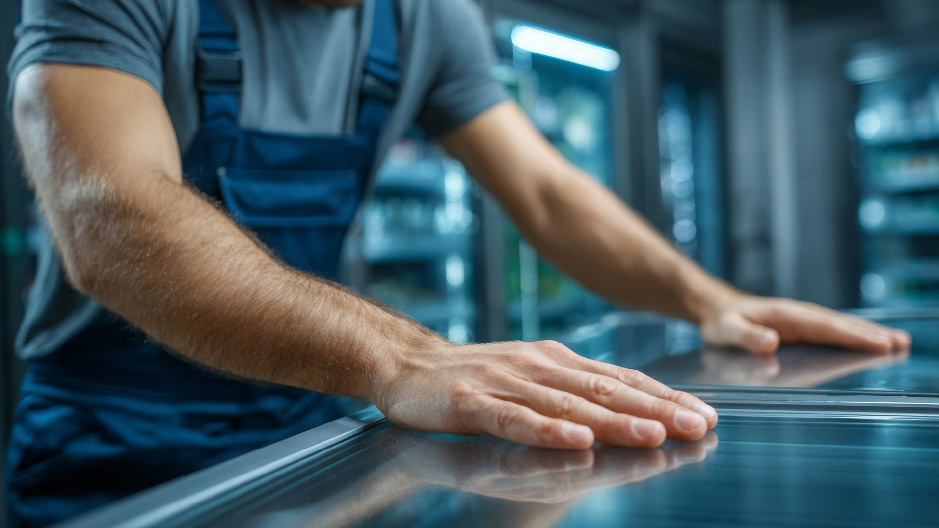 Les mains d'un réparateur posées sur une surface métallique, probablement un congélateur, vêtu d'une salopette bleue.